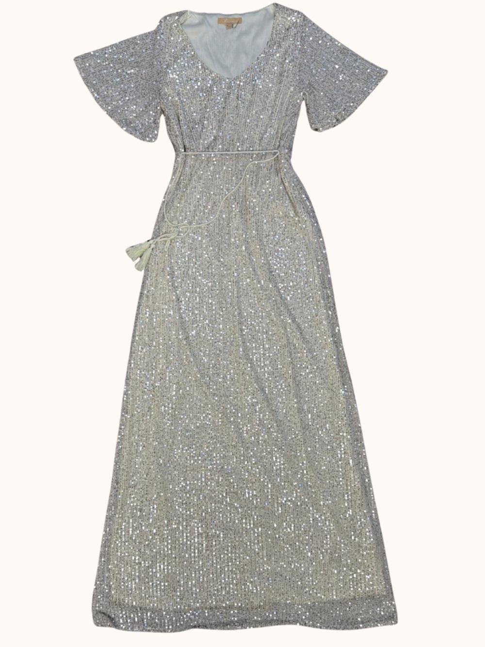 Silver Sequin Maxi Dress with Tie Belt